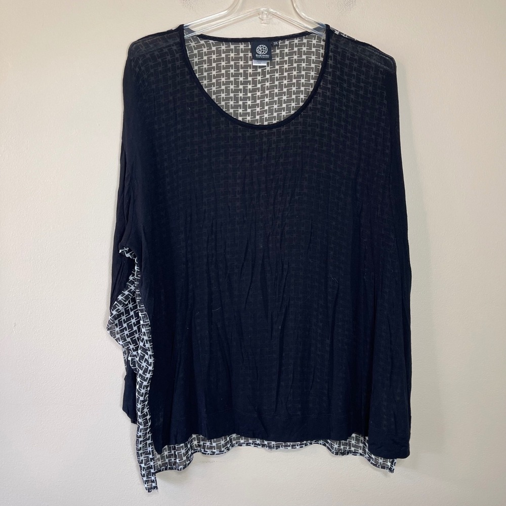 Bobeau Womens 3X Black Mixed Media Sheer Geometric Back Dolman Sleeve Knit Top
